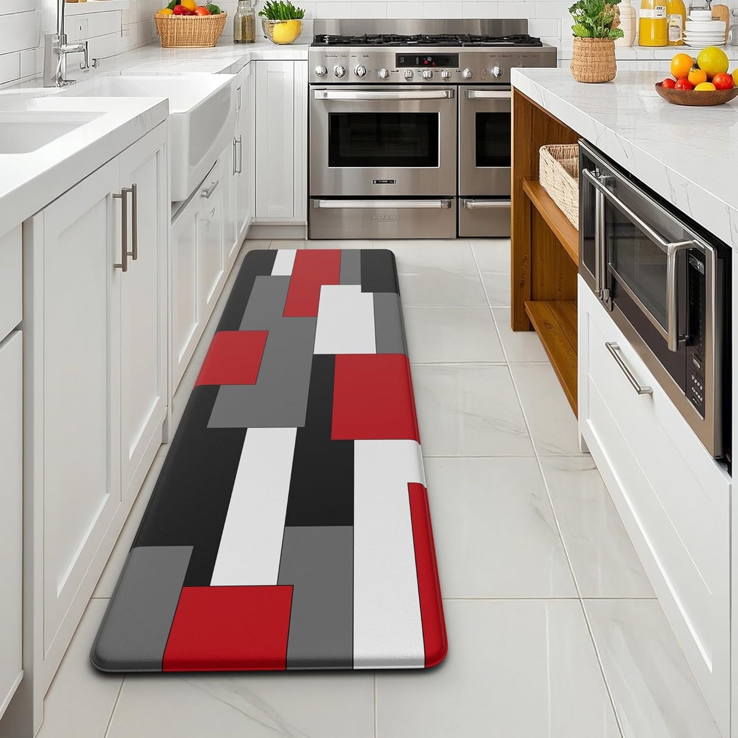 Black Red Grey White Kitchen Rug Anti-Fatigue Kitchen Mat for Floor Abstract Art Geometric Waterproof Non-Slip Kitchen Mat and Rug PVC Kitchen Floor Rug Mat for Home Sink Laundry, 17.3"x 59"