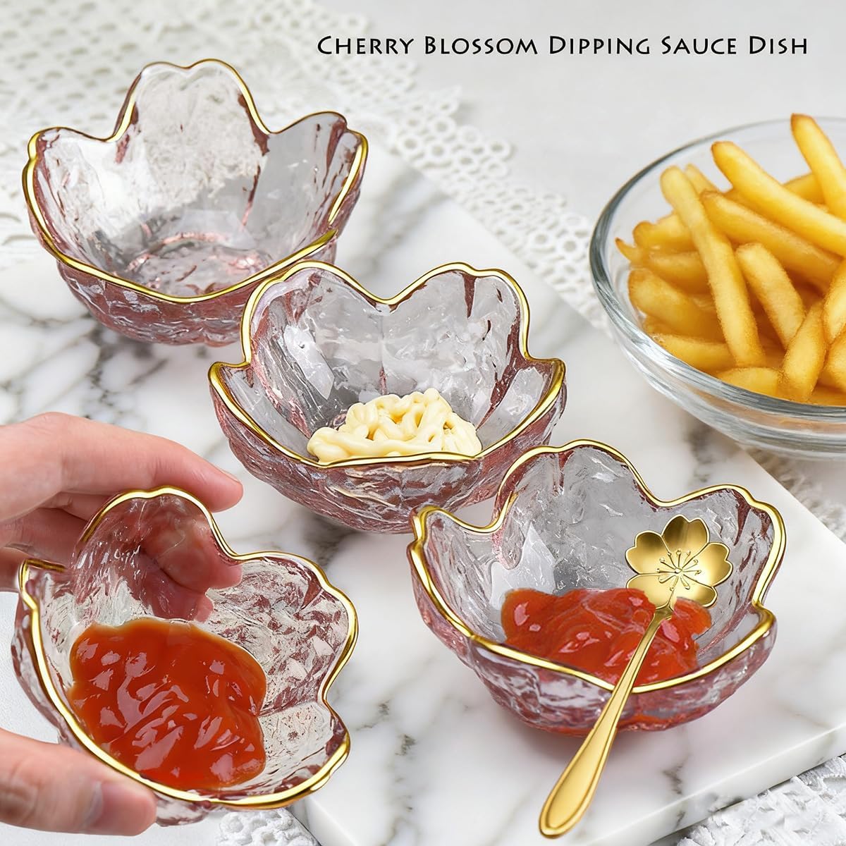 3 Pcs Pink Sakura Sauce Dishes Set with Gold Trim, Glass Cherry Blossom Dipping Bowls with Metal Spoons, Small Condiment Dishes for Soy Sauce, Sushi, Snacks, and Party Appetizers