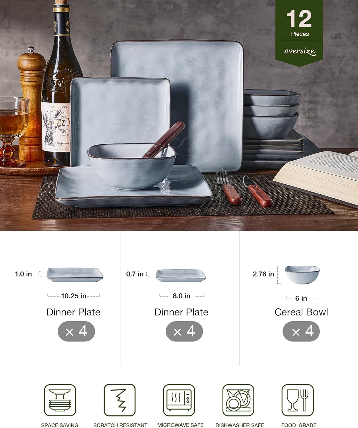 Famiware Dinnerware Sets for 4, Ocean Square 12-Piece Kitchen Plates and Bowls Sets, Reactive Glaze, Microwave and Dishwasher Safe, Scratch Resistant, Grey