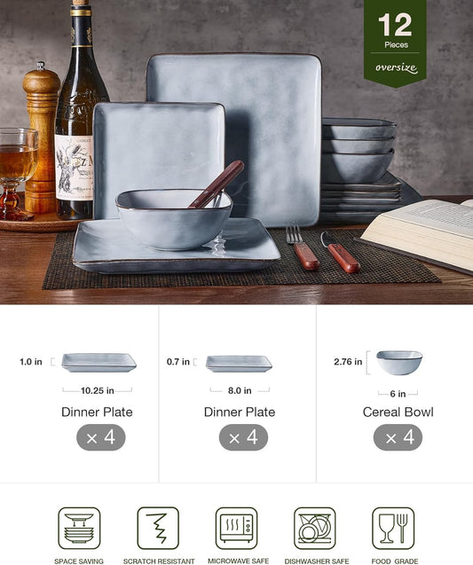 Famiware Dinnerware Sets for 4, Ocean Square 12-Piece Kitchen Plates and Bowls Sets, Reactive Glaze, Microwave and Dishwasher Safe, Scratch Resistant, Grey