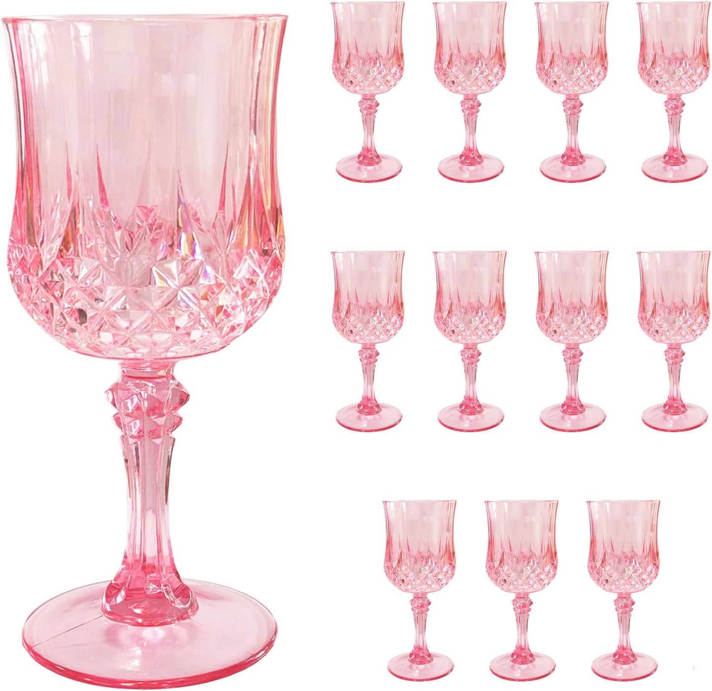 12 PCS Pink Plastic Wine Glasses,Reusable Plastic Wine Glasses,Pink Goblet Glass,Durable and Sturdy Cups Can Be Used for Various Parties Such as Weddings!