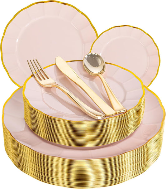 EI 150pcs Pink Plastic Plates with Gold Plastic Silverware,Pink Party Plates,Heavy Duty Plate Disposable,Gold Dinnerware Set for Birthday, Afternoon Tea,Wedding