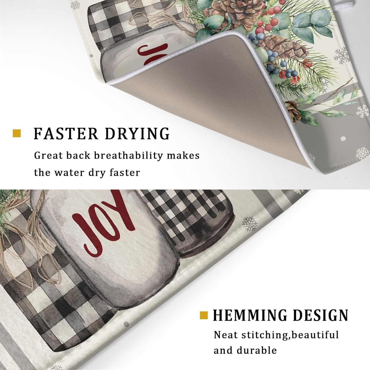 Christmas Dish Drying Mat for Kitchen Counter 18x24 Inch,Large Winter Poinsettia Berry Pinecone Grey Dish Drainer Rack Mats Heat Resistant Foldable Absorbent Draining Pad