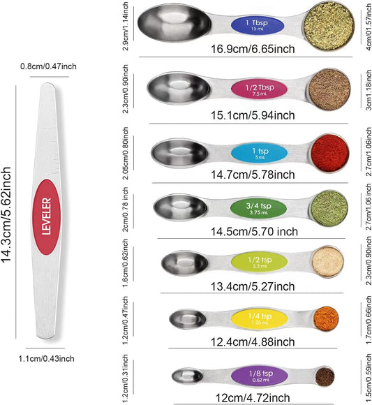 Magnetic Measuring Spoons Set Stainless Steel with Leveler, 8pcs Multicolors Measuring Cups Set for Baking, Measuring Cups and Spoon Set Kitchen Gadgets Apartment Essentials Fits in Spice Jars