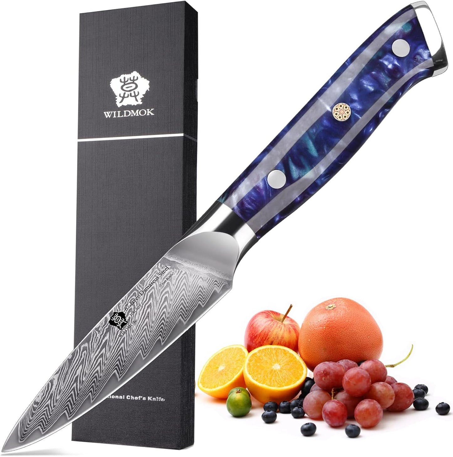 WILDMOK Paring Knife 3.5 Inch, Japanese Damascus Fruit Knife, Small peeling knife Perfect for Cutting Fruit Vegetables Petty Knife