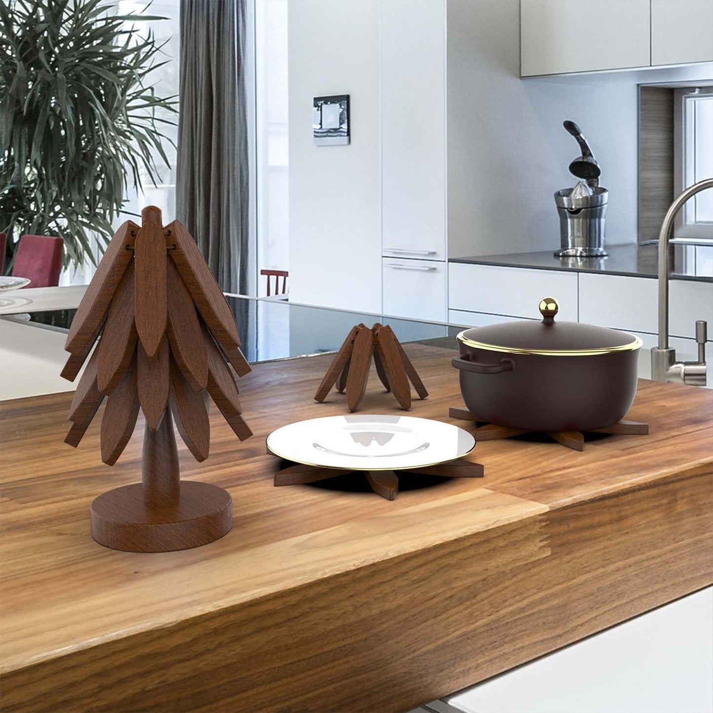 Wooden Trivets for Hot Dishes, Tree Shape Trivet Set, 4 Wooden Trivets+1 Stand, Natural Foldable Kitchen Wooden Trivet for Hot Dishes, Pot, Bowl, Teapot, Hot Pot Holders