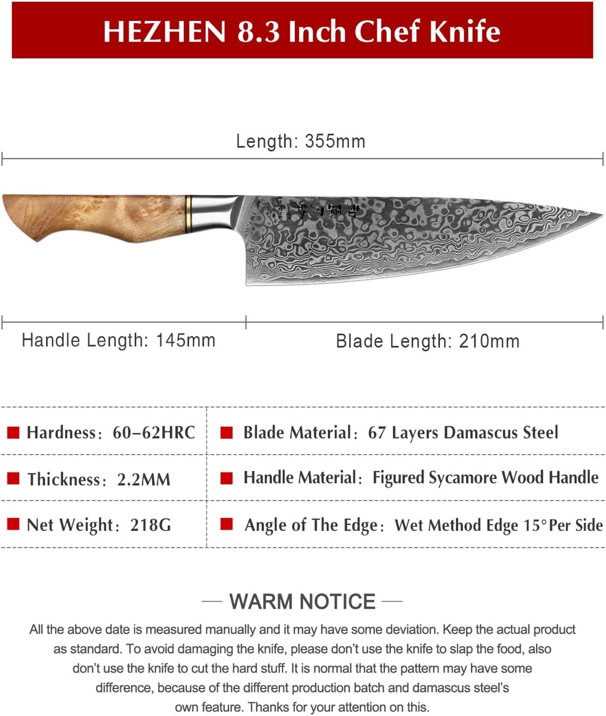 HEZHEN Chef's Knife-Professional-8.3 inch Damascus Steel, Kitchen Knife VG10 Gyuto Knife-Master Series Chef Cooking Tool at Home,Restaurant-Figured Sycamore Wood Handle