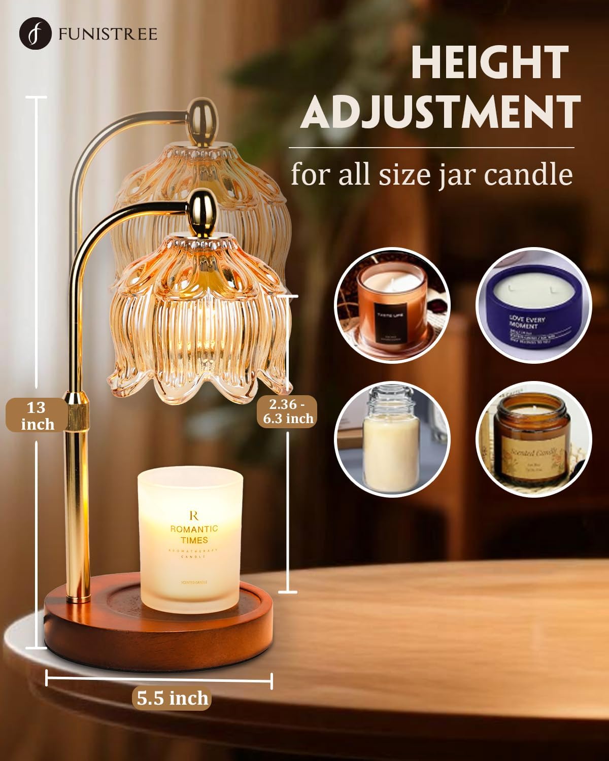 Candle Warmer Lamp with Timer Dimmable, Height Adjustable, Birthday Gifts for Women Mom, Suitable for New Home Decoration, Christmas Gift Lotus Flower Candle lamp,With 2 bulbs,Suitable for Jar Candles