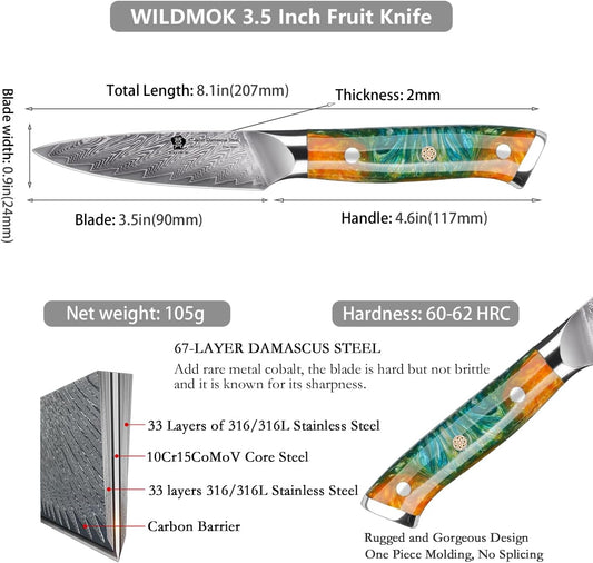 WILDMOK Damascus Paring Knife, 3.5 Inch Japanese 67 Layers Damascus Steel Fruit Knife, Ultra Sharp Resin Handle