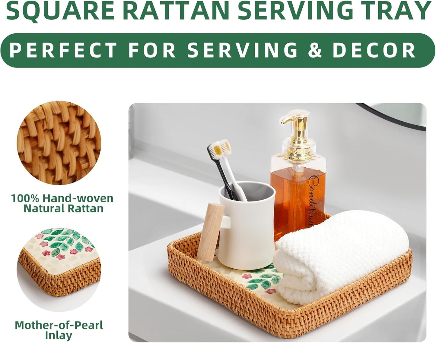 Rattan Tray with Mother of Pearl Inlay, Boho Coffee Table Decor, Decorative Serving Tray, Farmhouse Gift for Living Room & Bathroom