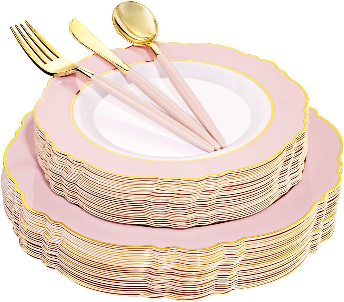 WDF 30Guest Pink Plates Disposable - Hign-end Baroque Design - Gold Plastic Silverware with Handle-Baroque Pink &Gold Plastic Dinnerware for Wedding/Baby Shower