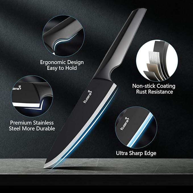 Kuisine Premium Knife Set,One-piece Steel Molding,High Carbon Stainless Steel Ultra Sharp,Non-slip Ergonomic Solid Steel Handle,Built-in Sharpener Knife Block Set,Luxury Gift(15PCS,Black)