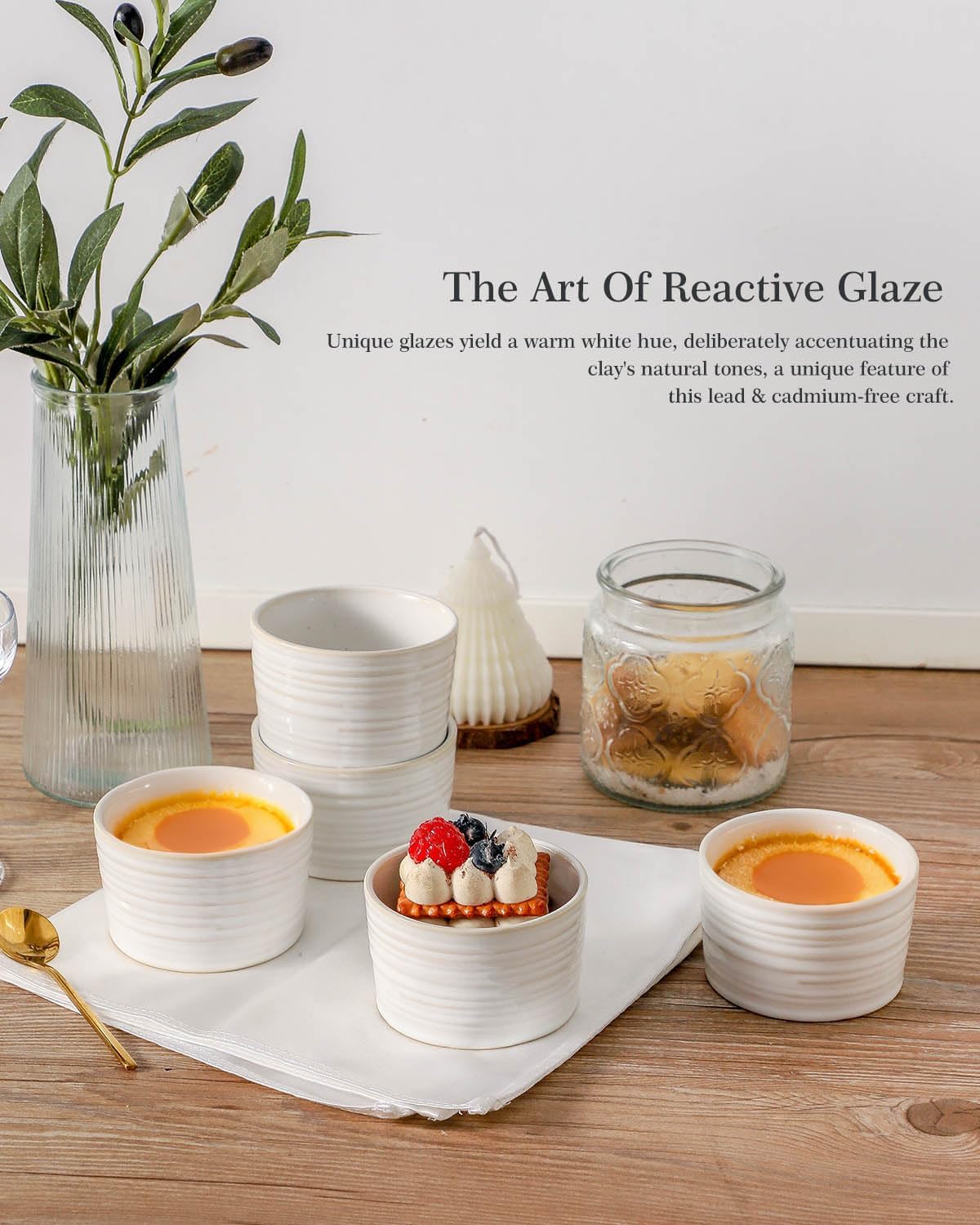 Hasense Ramekins 8 oz Oven Safe for Creme Brulee, Ceramic Souffle Dish Set of 6,Porcelain Dipping Sauce Bowls for Pudding, Souffle, Serving Dip, Custard, Ice Cream, Clay-Infused White