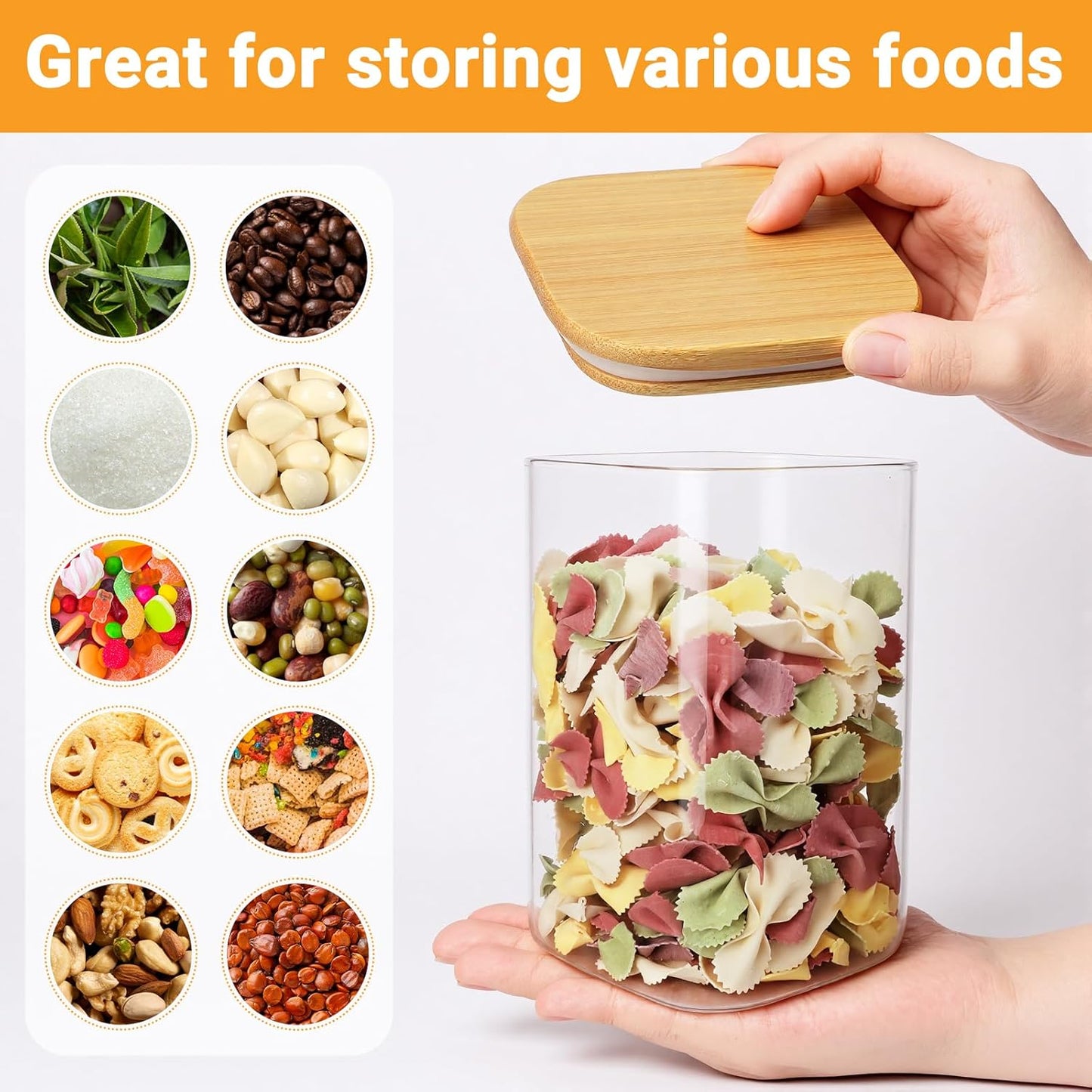 Glass Jars with Bamboo Lids, 4 Pack 37 Fl.oz Square Glass Jars with Airtight Lids, Stackable Kitchen Food Storage Containers for Flour Sugar Coffee Tea Candy - Included Labels, Marker and Spoon