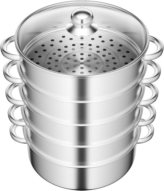 5 Tier Stainless Steel Steamer Pot Multipurpose Steam Cookware Steaming Pot Versatile Steamer for Healthy Cooking Durable 304 Food Grade Steel Ideal for Meal Prep Steaming 33.06 lb Capacity