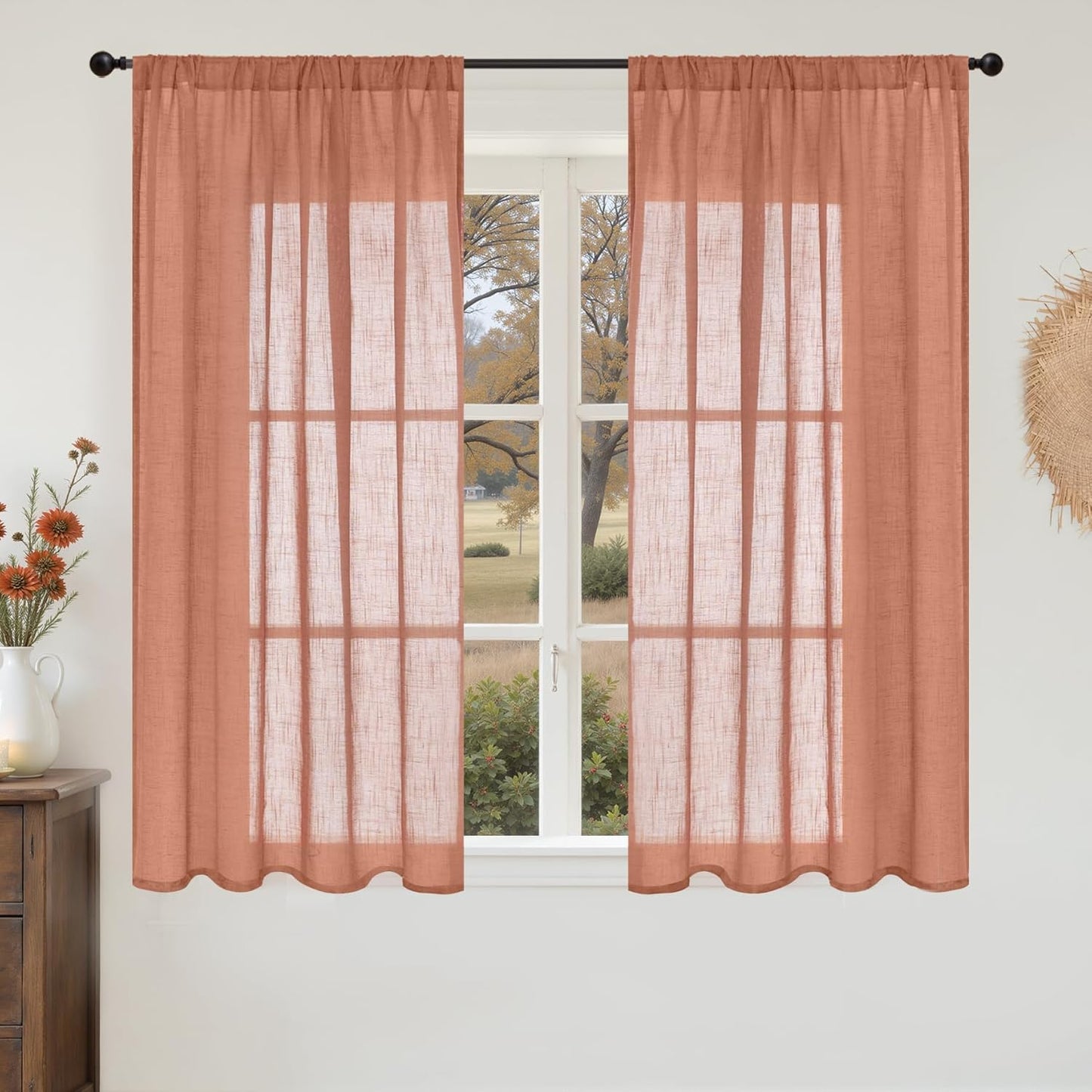 BGment Curtains 45 Inch Length for Short Window, Terracotta Linen Drapes for Small Bedroom Kitchen Cafe Bathroom Lightweight Rustic Textured Rod Pocket Semi Sheer, 2 Panels Set, Each 42 Inch Wide