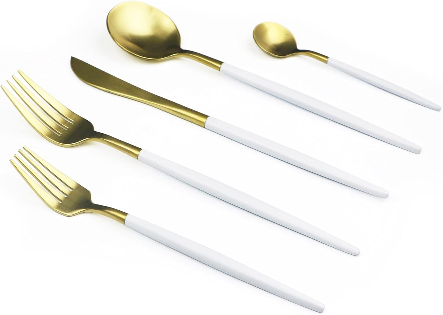 5-Piece 18/10 Stainless Steel Flatware Set, Serive for 1, With Fork Spoons Knife Teaspoon Dessert Fork for Home Kitchen Restaurant Hotel (White + Gold)