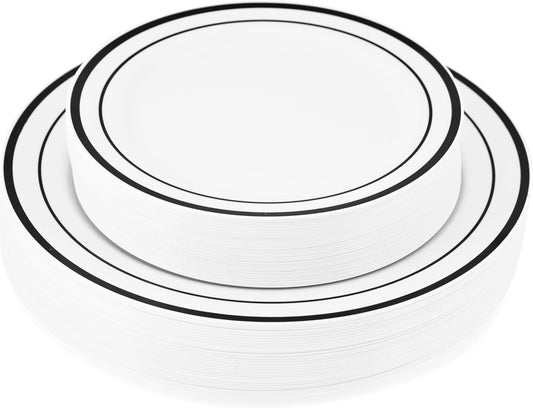 120-Piece Plastic Plates Set Premium 60 Dinner & 60 Salad Plates Pack, Disposable Plates for Party - White Plastic with Black Rim