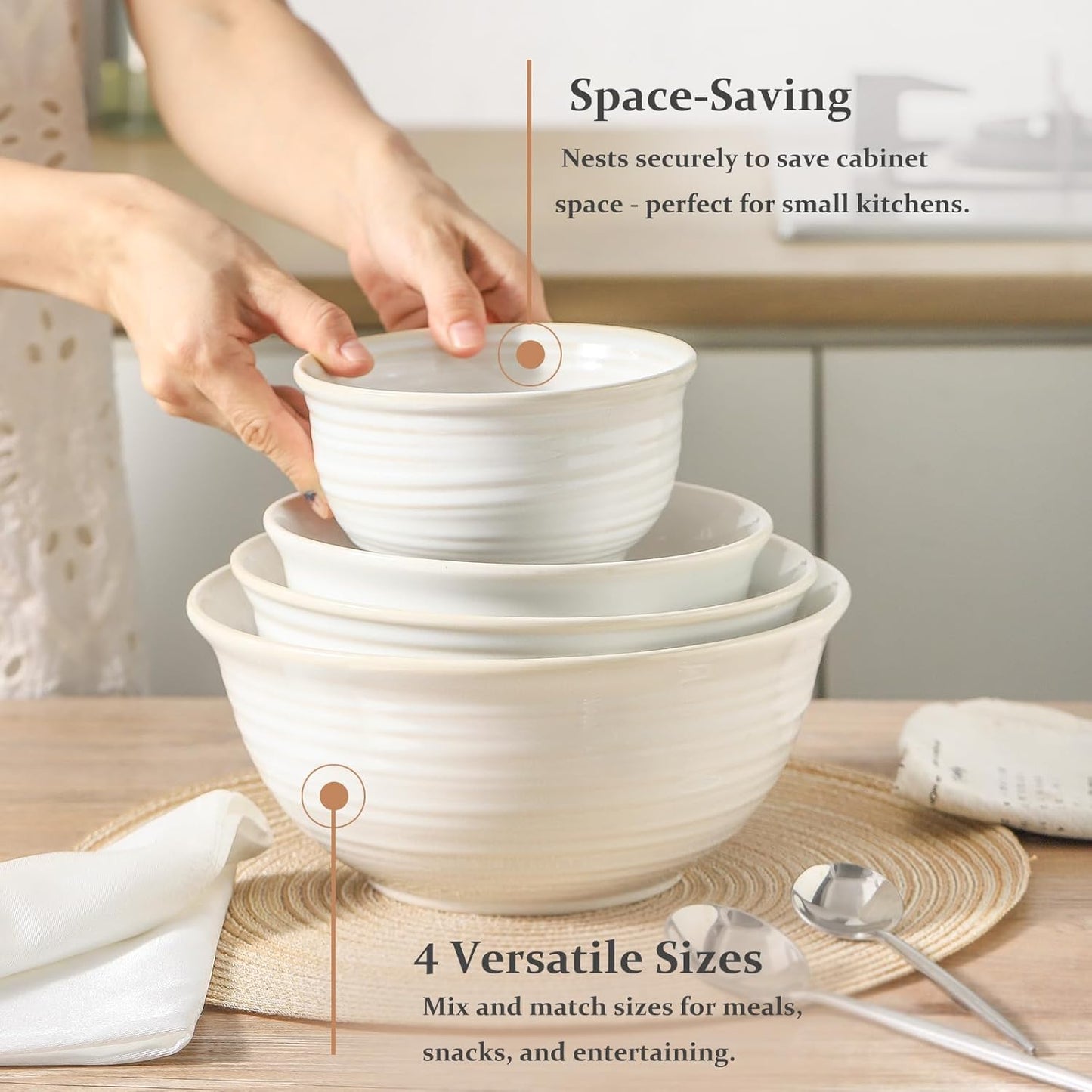 Hasense Ceramic Mixing Bowls, 2.1/1.5/1.0/0.5 Qt, Nesting Bowls for Cooking, Baking, Serving Dishes for Salad, Fruits, Popcorn, Dishwasher & Microwave Safe, Set of 4, Clay-Infused White