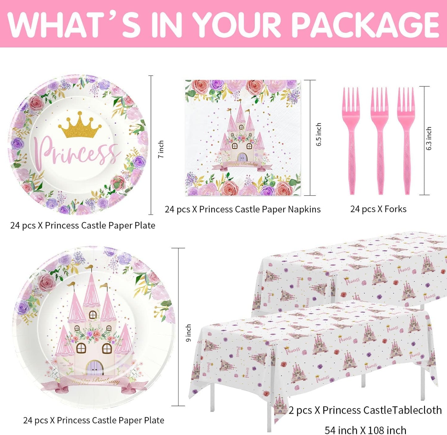 Princess Birthday Party Supplies Dinnerware, Princess Party Decorations Tableware for Birthday Baby Shower, Paper Plates and Napkins Set, Disposable Forks, Tablecloth | Serves 24