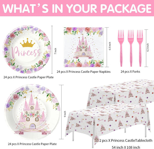 Princess Birthday Party Supplies Dinnerware, Princess Party Decorations Tableware for Birthday Baby Shower, Paper Plates and Napkins Set, Disposable Forks, Tablecloth | Serves 24