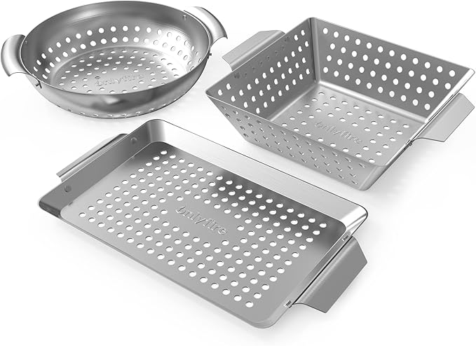 Onlyfire 3 Packs Grill Baskets, Heavy Duty Stainless Steel Perforated Vegetable Grill Baskets, 3 Piece Mini Grilling Basket Set, Grill Pan for Outdoor Grill
