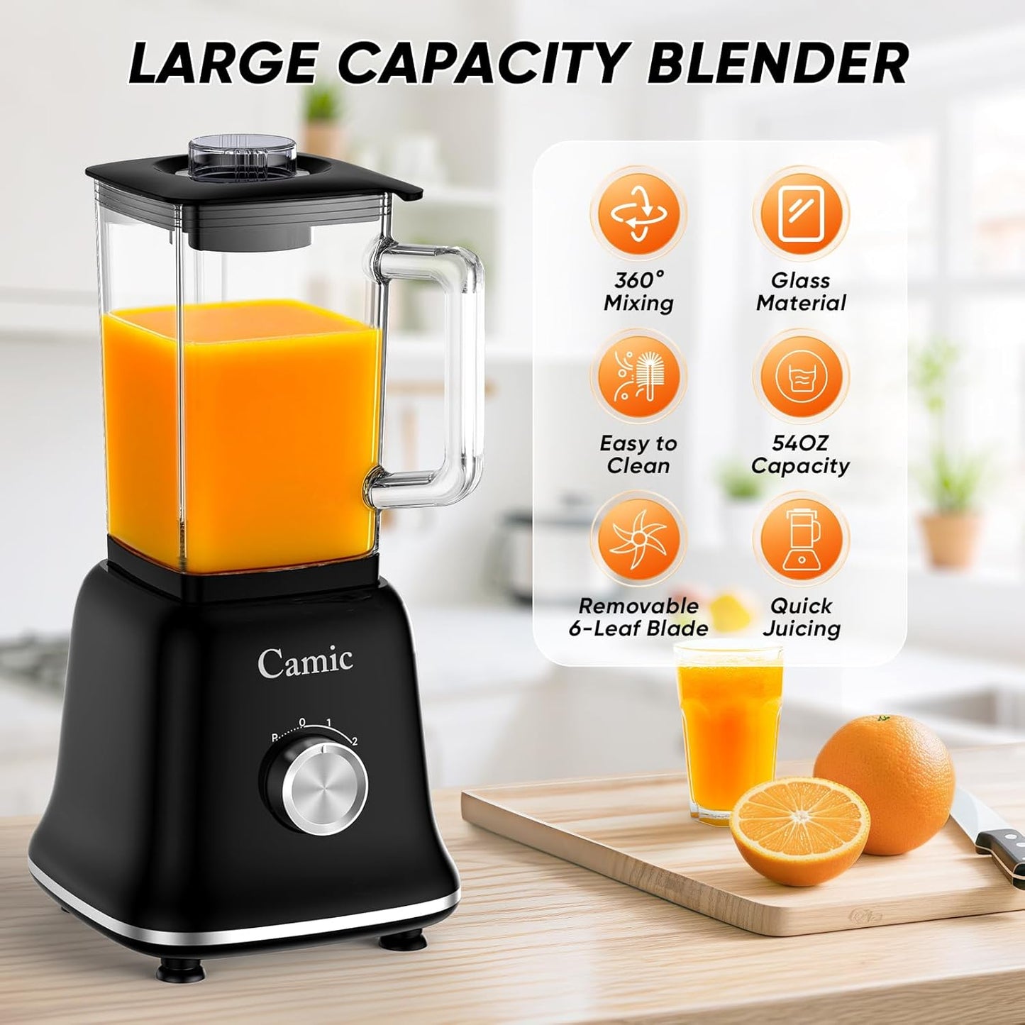 Glass Blenders for Kitchen with 750W, 54Oz. Countertop Blender Glass Jar Food Processor Combo, BPA-Free Blender for Smoothies, Ice Crush,Nuts, Frozen Drinks and Fruits (Black)