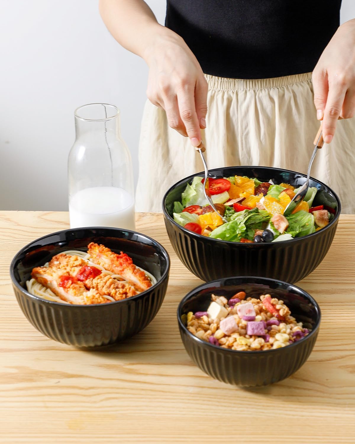 Hasense Small Mixing Bowls of 3, Porcelain Ribbed Black Bowls 1.5/1/0.5 Qt For Kitchen, Cooking, Baking and Serving Prep Bowls for Salad, Pasta, Modern Kitchen Dish Dishwasher & Microwave Safe