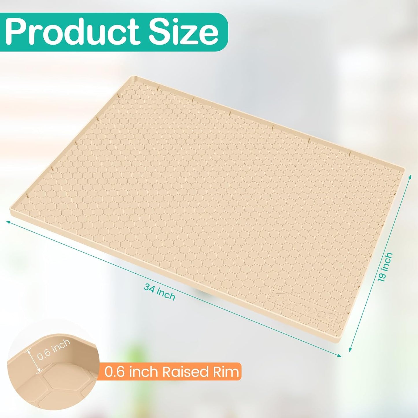 Waterproof Under Sink Mat 34" x 19", Silicone Cabinet Liner, Rubber Protector for Kitchen and Bathroom, Keeps Cabinets Clean, Dry, and Organized (Beige)