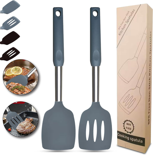 Silicone Spatulas set for kitchen use : Heat Resistant Turner & Slotted Silicone Spatula for Cooking, Non Toxic Kitchen Utensils, Ideal kitchen spatula turner for Eggs & Pancakes (Gray)