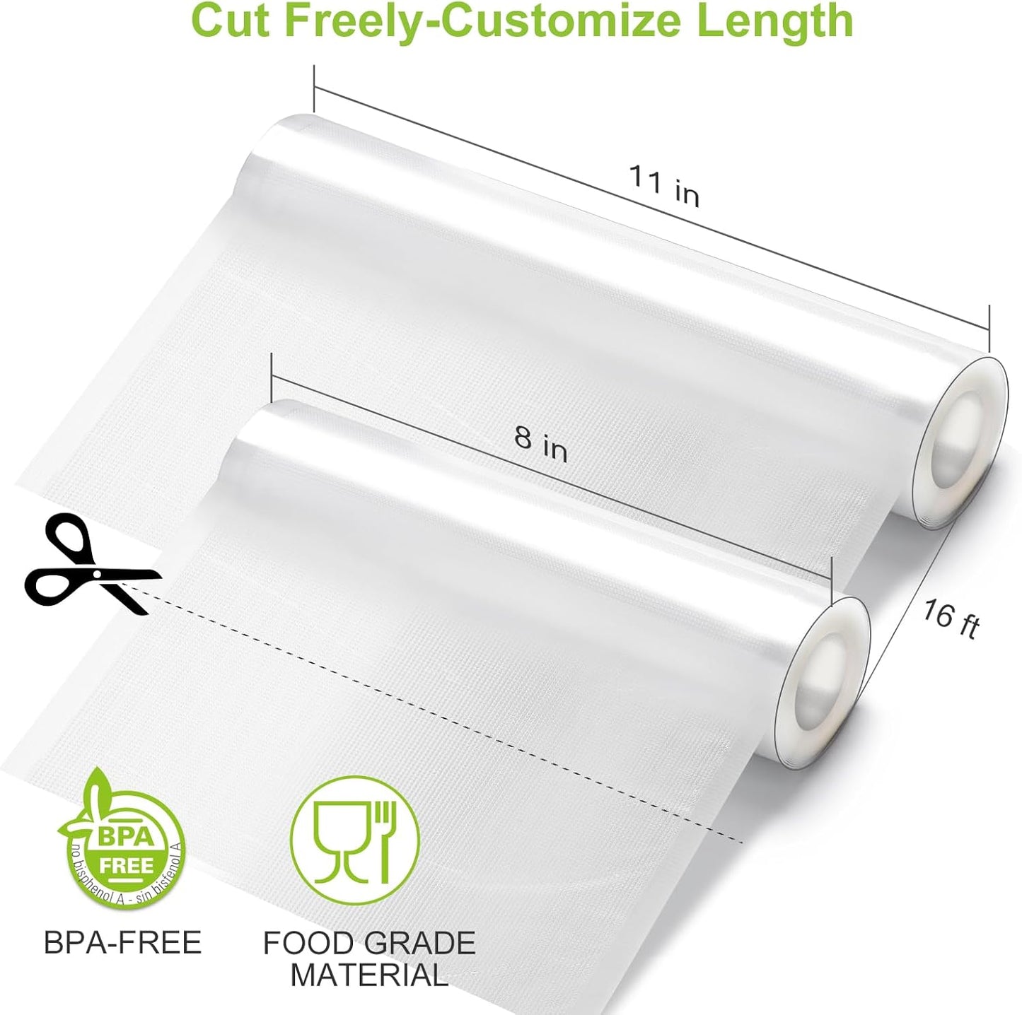 [2025 Upgraded] Bonsenkitchen 3 Rolls 11" x 16' + 3 Rolls 8" x 16' Vacuum Sealer Bags for Food with a Color Box, Easy to Store, Commercial Grade, BPA Free, Great for Food Storage or Sous Vide, VB22