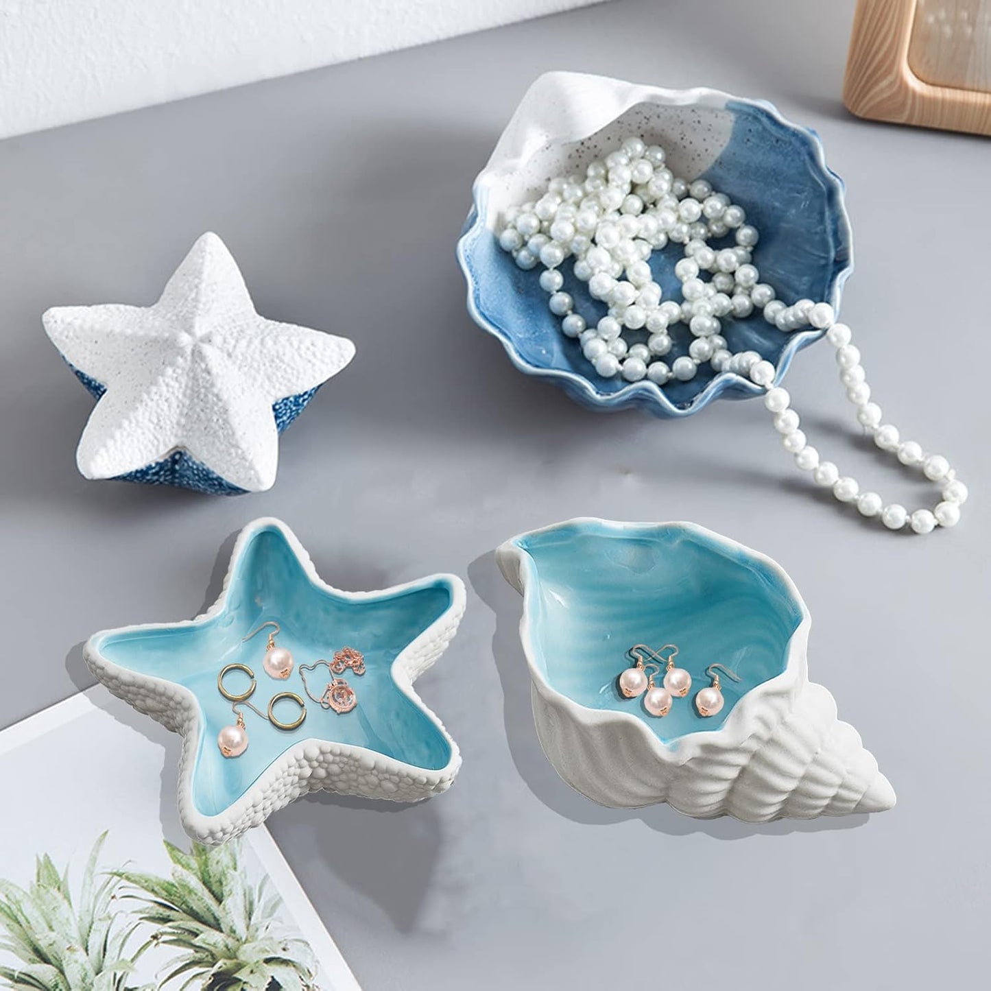 Ceramic Conch Jewelry Dish Tray Shell Trinket Dish Ring Holder Ocean Coastal Decor Jewelry Tray Decorative Tray Key Bowl for Jewelry Birthday Party Easter Gift Hom Room Beachy Decor (E STYLE)