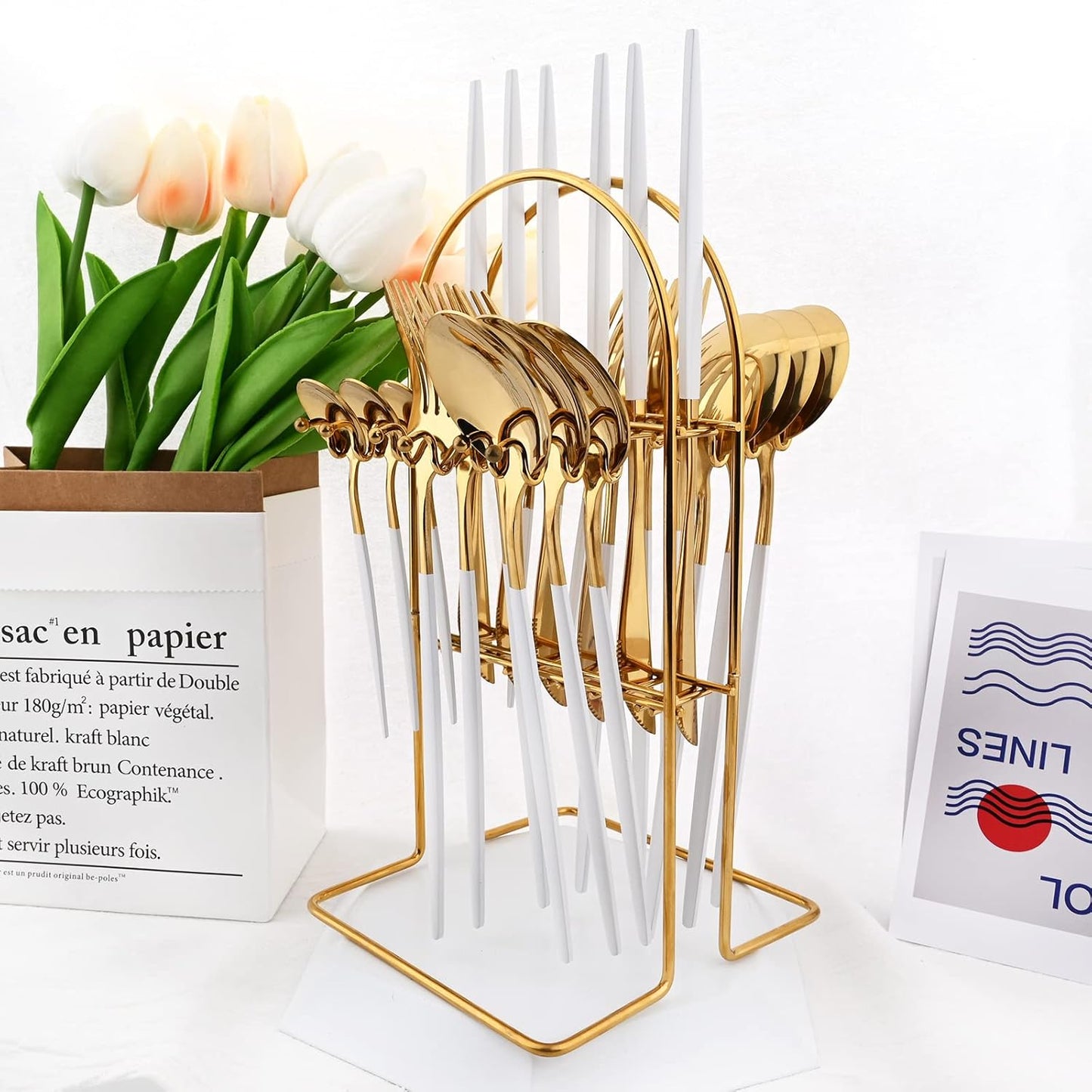 White Gold 24Pcs Flatware Set With Stand, Lightweight Dinnerware Set Stainless Steel Cutlery With White handles For Home Kitchen Wedding Party And Daily Use,Service For 6, Mirror Polish