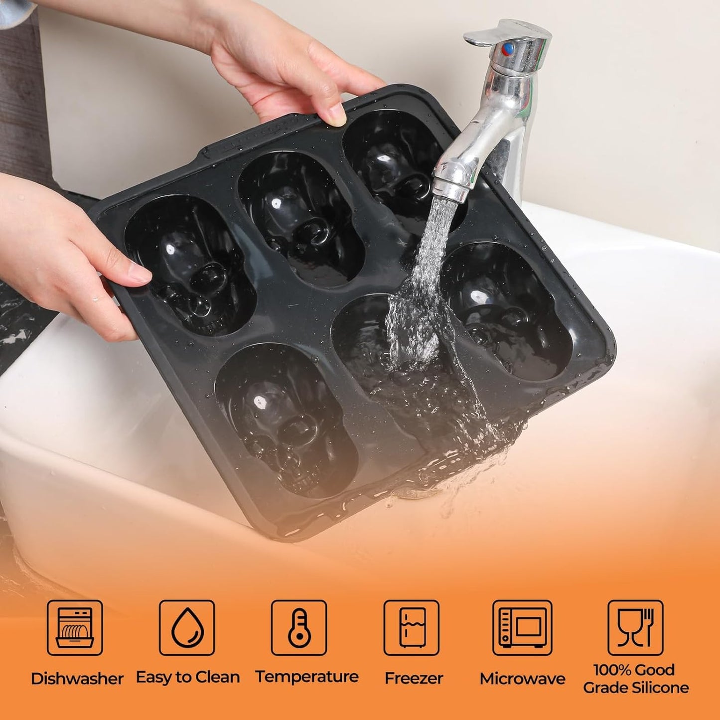 Metal Framed Silicone Skull Cake Pan - 6 Cavity Skull Baking Pan & Silicone Mold for Halloween Parties & Baking Fun | Food-Safe Non-Stick Ice Cube Tray, Cupcake Maker