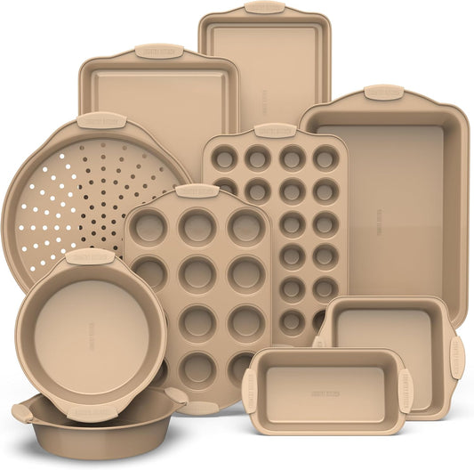 Country Kitchen Nonstick Stackable Bakeware Set - Heavy Duty, Durable, Easy Release Baking Set, Gold, 10 Pcs