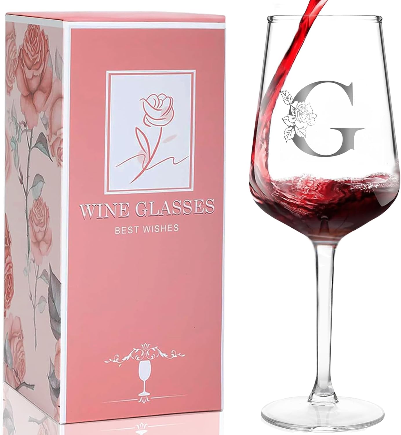 Personalized Wine Glass Gifts for Women, Monogrammed A-Z Wine Glass with Gift Box & Greeting Card, Customized Wine Glasses Initial Wine Glasses Gift for Birthday, Mothers Day, Best Friend, Sister (G)