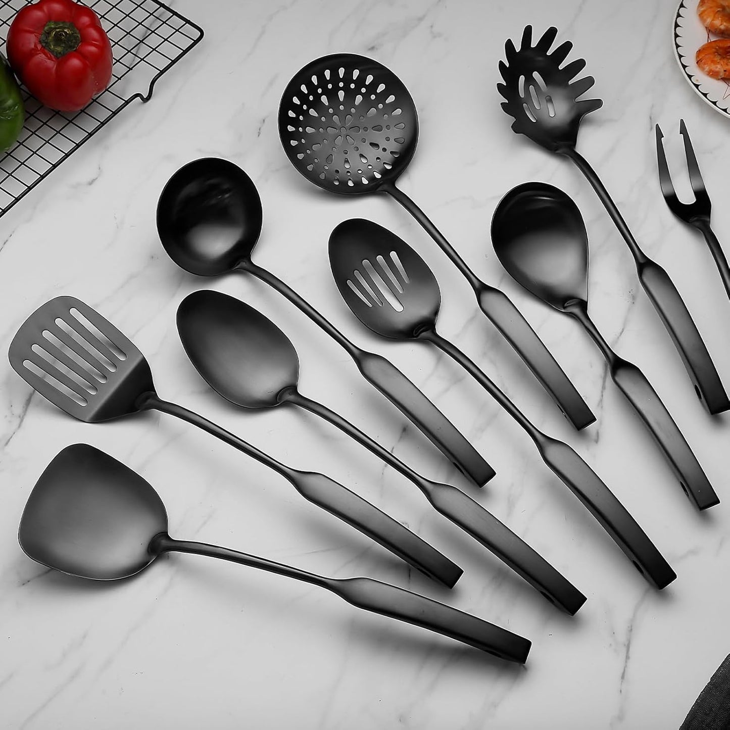 9PCS Silverware Set for 304 Stainless Steel Kitchen Utensils Set Cooking Utensil Set, 15 Inches All Metal Cooking Tools Wok Kitchen Cookware Set with Spatula Useful Pots and Pans Accessories