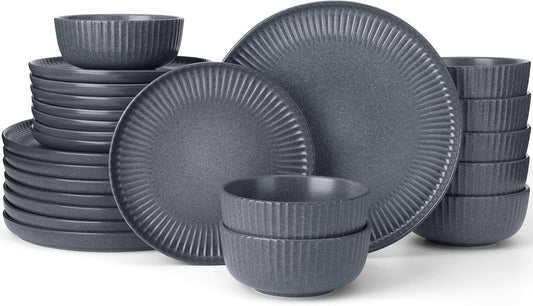 Famiware Starlight Dinnerware Sets, Plates and Bowls Dish Set of 8 (24 Pieces), Ribbed Textured Tableware - Dishwasher & Microwave Safe, Chip Resistant, Reactive Glaze, Matte Midnight Grey
