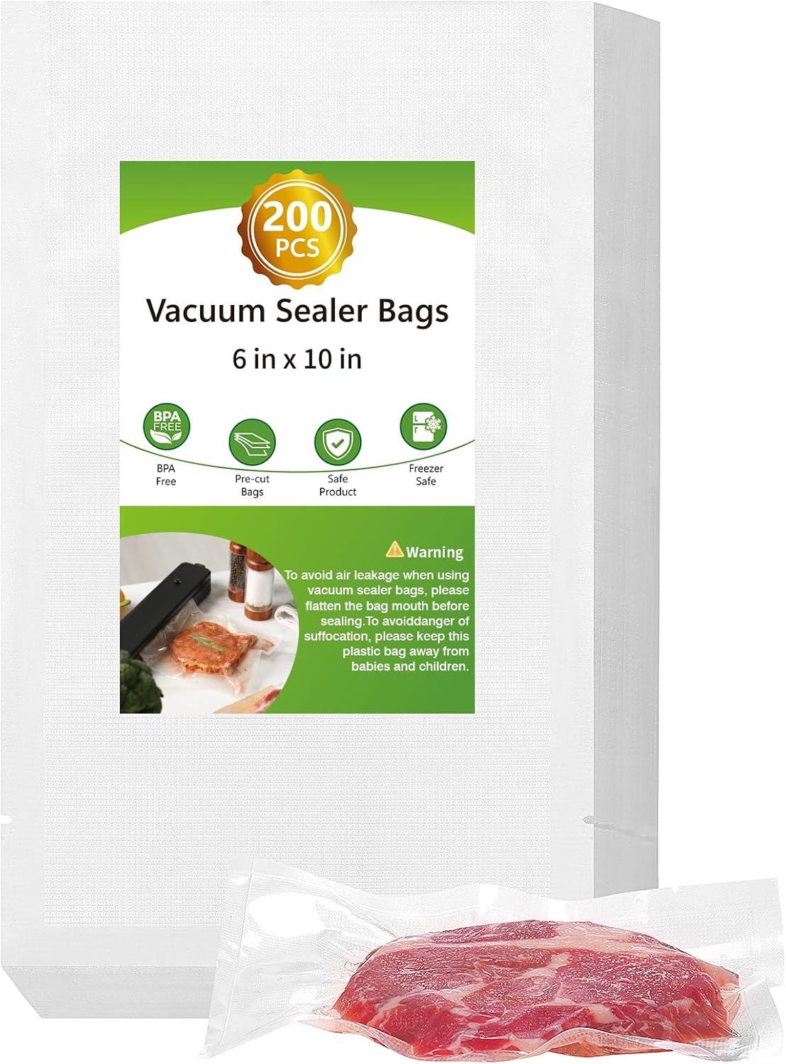 Moretoes 200pcs Vacuum Sealer Bags, Pint 6" x 10", BPA Free, Pre-cut Commercial Grade Vac Seal Meal Bags for Food Saver Storage, Meal Prep or Sous Vide