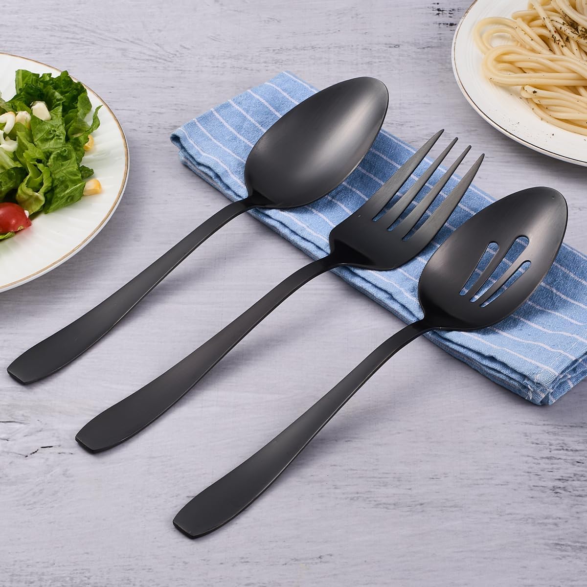 6 Pieces Large Black Serving Utensils, Stainless Steel Catering Buffet Serving Set Hostess Set, Serving Spoon x 2, Slotted Serving Spoon x 2 and Serving Forks x 2 for Party Banquet Cooking