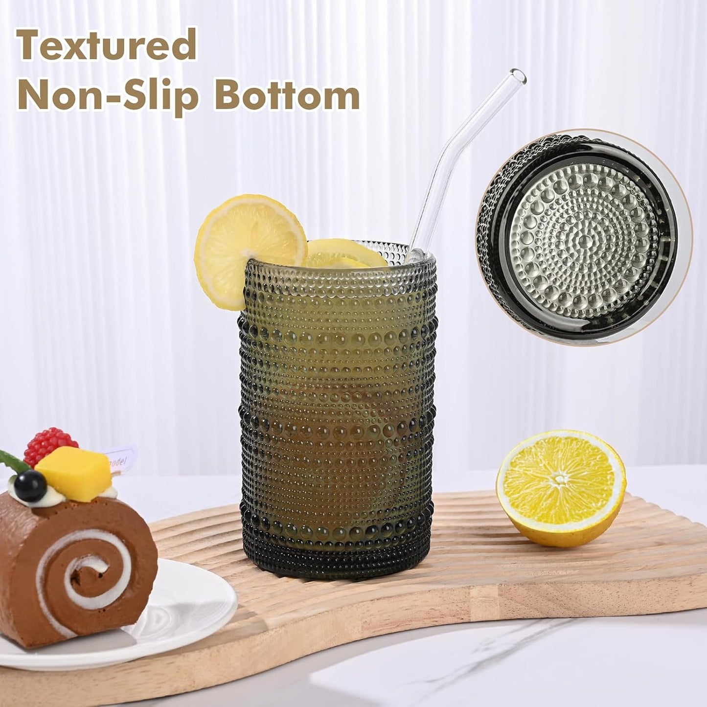 Vintage Hobnail Drinking Glasses Set of 8,Grey 12 oz & 15oz Highball Glass Cups, Kitchen Drinkware Glassware,Embossed Water Tumbler,for Beer,Cocktail,Whiskey,Juice and Various Mixed Drinks