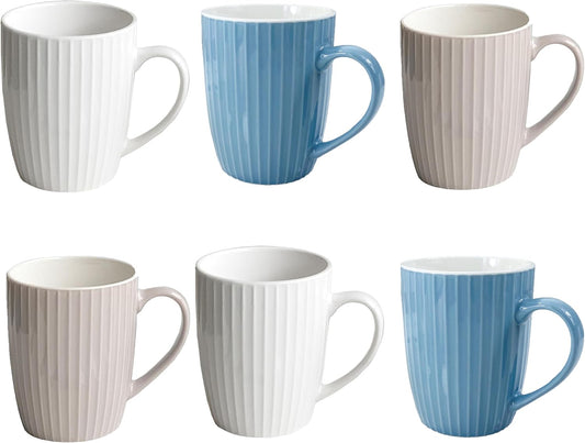 11 Ounce Porcelain Mugs, Set of 6, Tea and Cocoa Mug Set, 2 White, 2 Seablue, 2 Grey