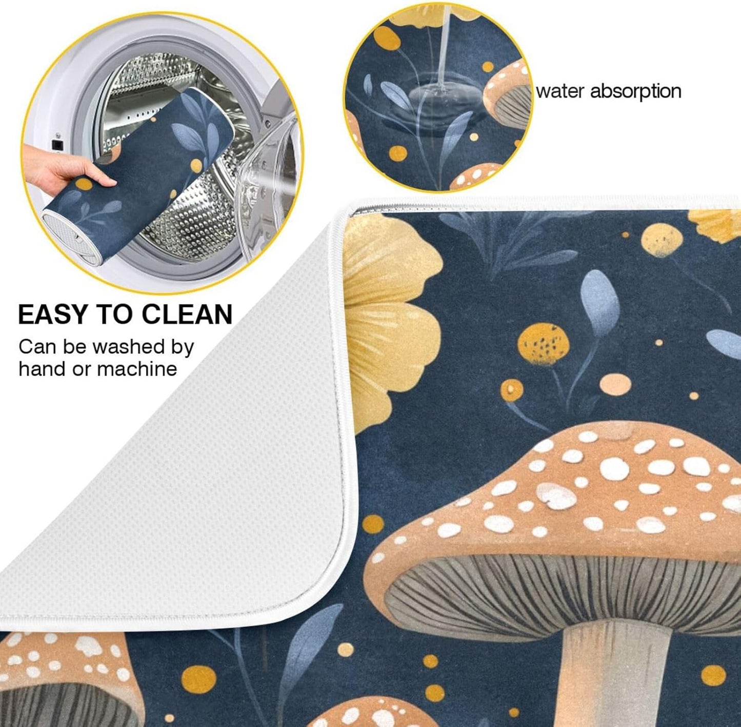 Wildflowers and Mushrooms Dish Drying Mat for Kitchen Counter Super Absorbent Dishes Pad Reversible Microfiber Protector Dish Draining Mats 16x18 inch