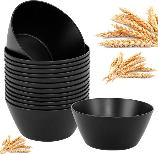 supernal 12PCS Black Wheat Straw Bowls - Unbreakable Reusable Plastic Soup & Cereal Straws Bowls,Fridge and Dishwasher Safe Stackable,Lightweight Black Disposable Bowl for Ramen,Salads and Catering
