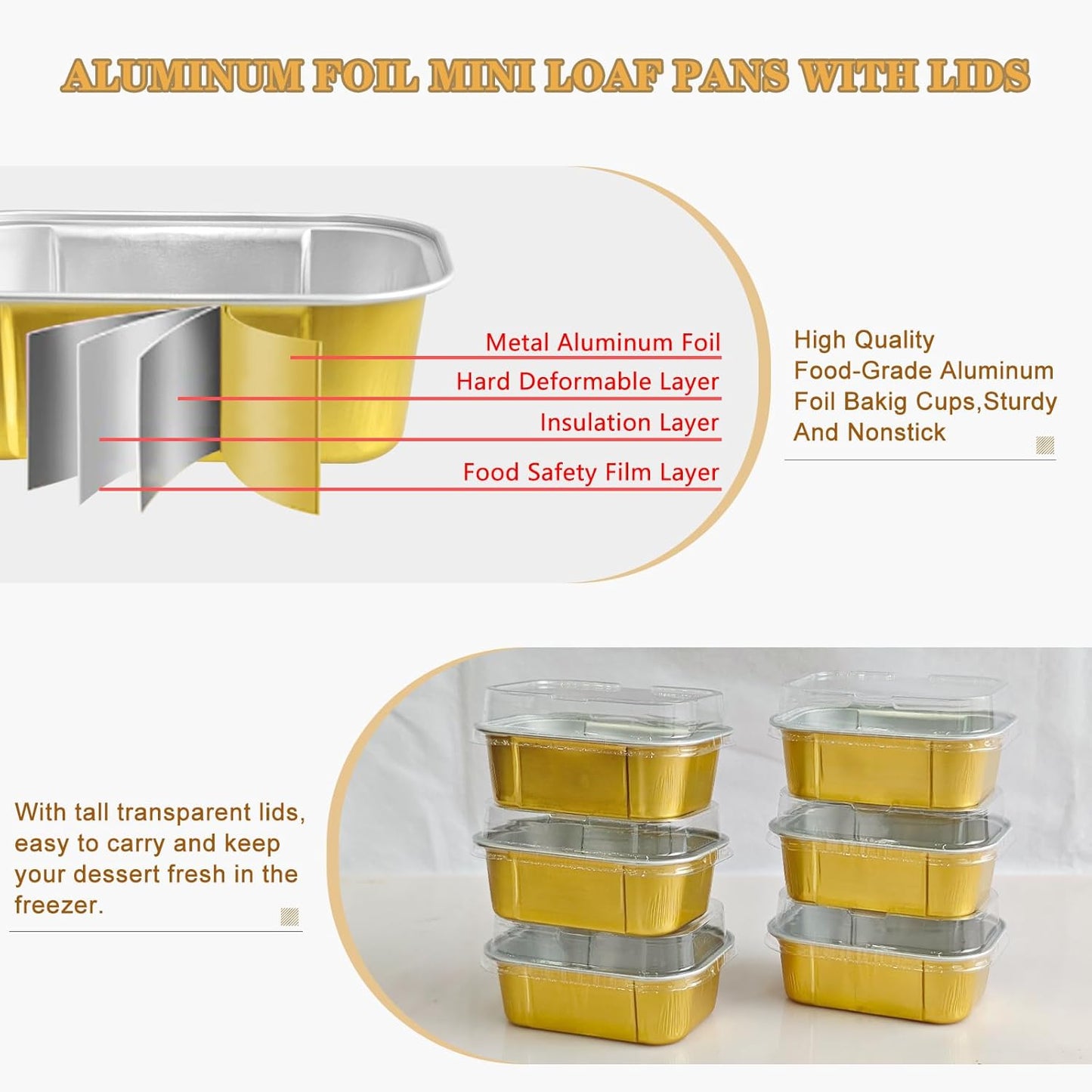 Mini Cake Pans With Lids And Spoons,5.5 oz Rectangle Mini individual Loaf Pans Disposable Aluminum Foil Small Baking Cups Tins (100, Gold)