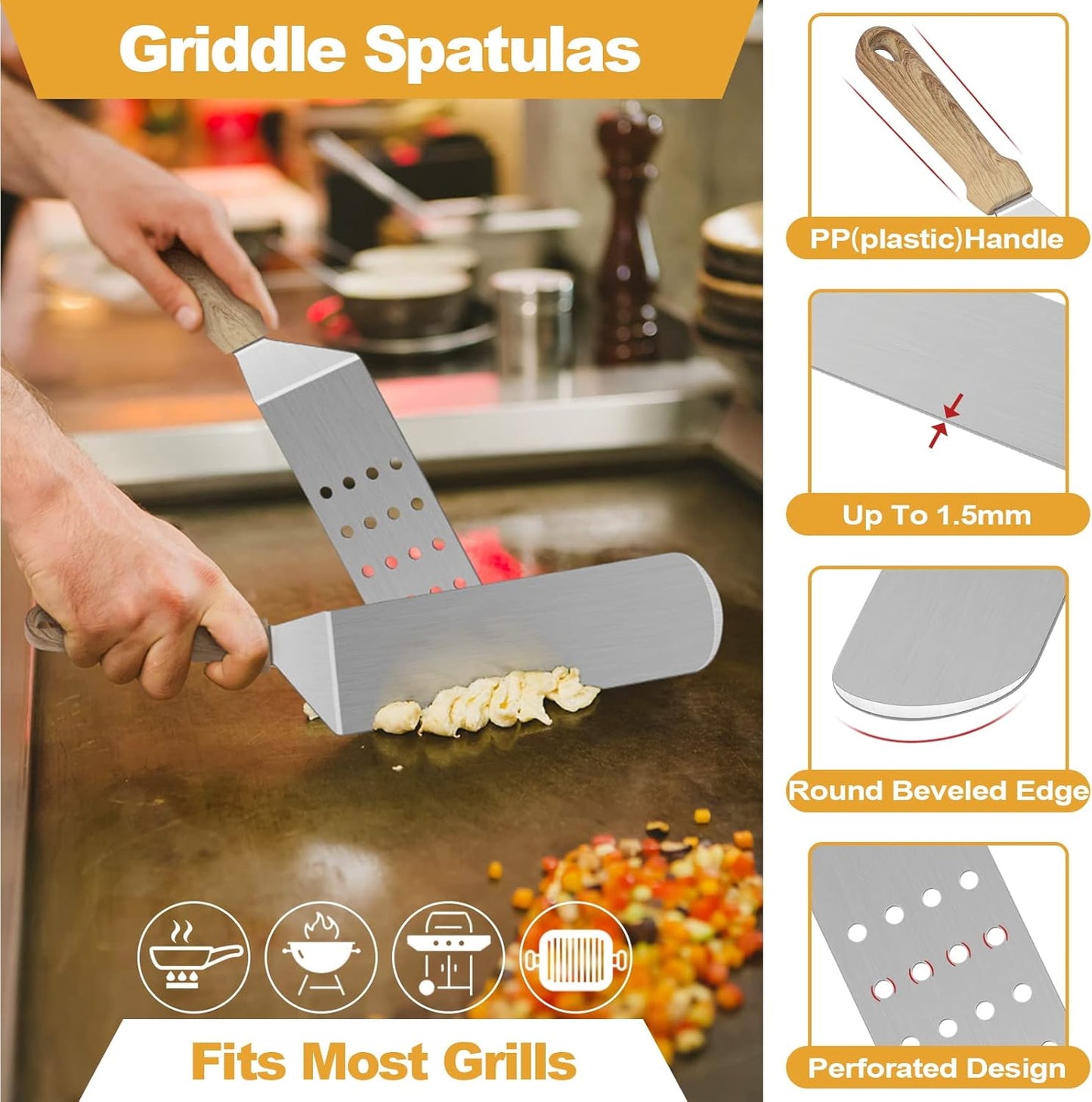 Metal Spatula Set of 5, HaSteeL Heavy Duty Griddle Accessories Kit, Durable Stainless Steel Burger Turner Flipper Scraper Tools for Flat Top Grill Teppanyaki Cast Iron, Indoor & Outdoor, Easy to Clean