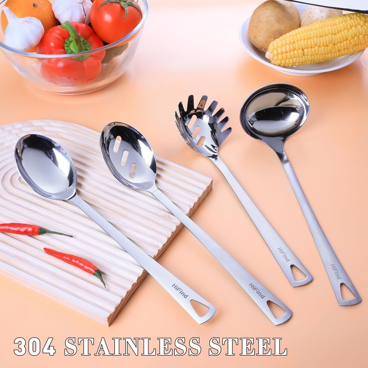 4PCS Cooking Utensils Set, Stainless Steel Kitchen Utensils Set, Durable Kitchenware Set for Cooking, Utensils Set with Slotted Serving Spoon, Spaghetti Fork, Ladle, Solid Serving Spoon