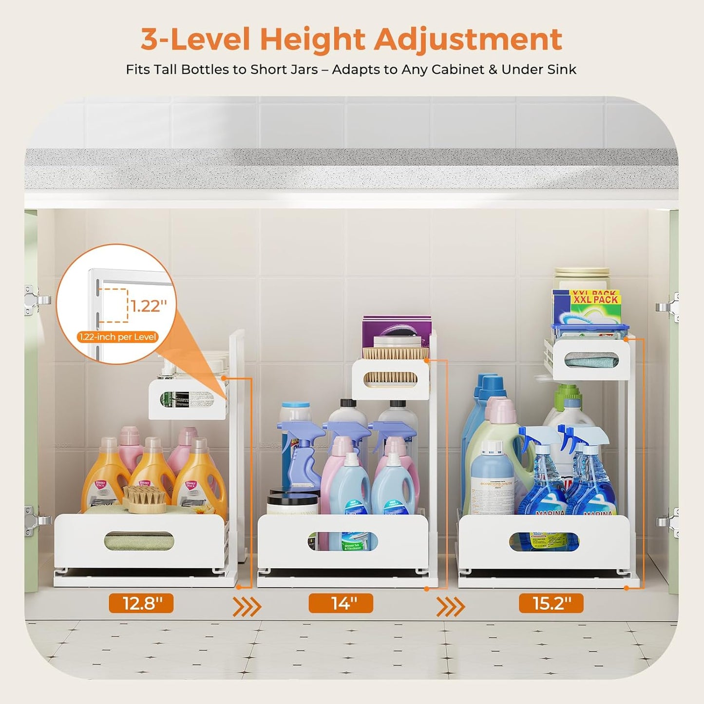 Delamu 2 Pack Metal Bathroom Organizers and Storage, 2 Tier Pull Out Under Sink Organizer with 2 Small Baskets, Adjustable Under Sink Shelf for Multipurpose Cabinet Organizer, White