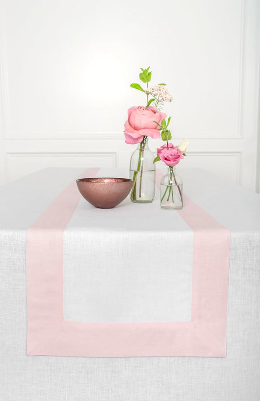 Solino Home Linen Table Runner 48 Inches - 100% Pure Linen Blush Pink and White Table Runner 14 x 48 Inch Ideal for Dresser and Coffee Tables - Halloween - Contempo