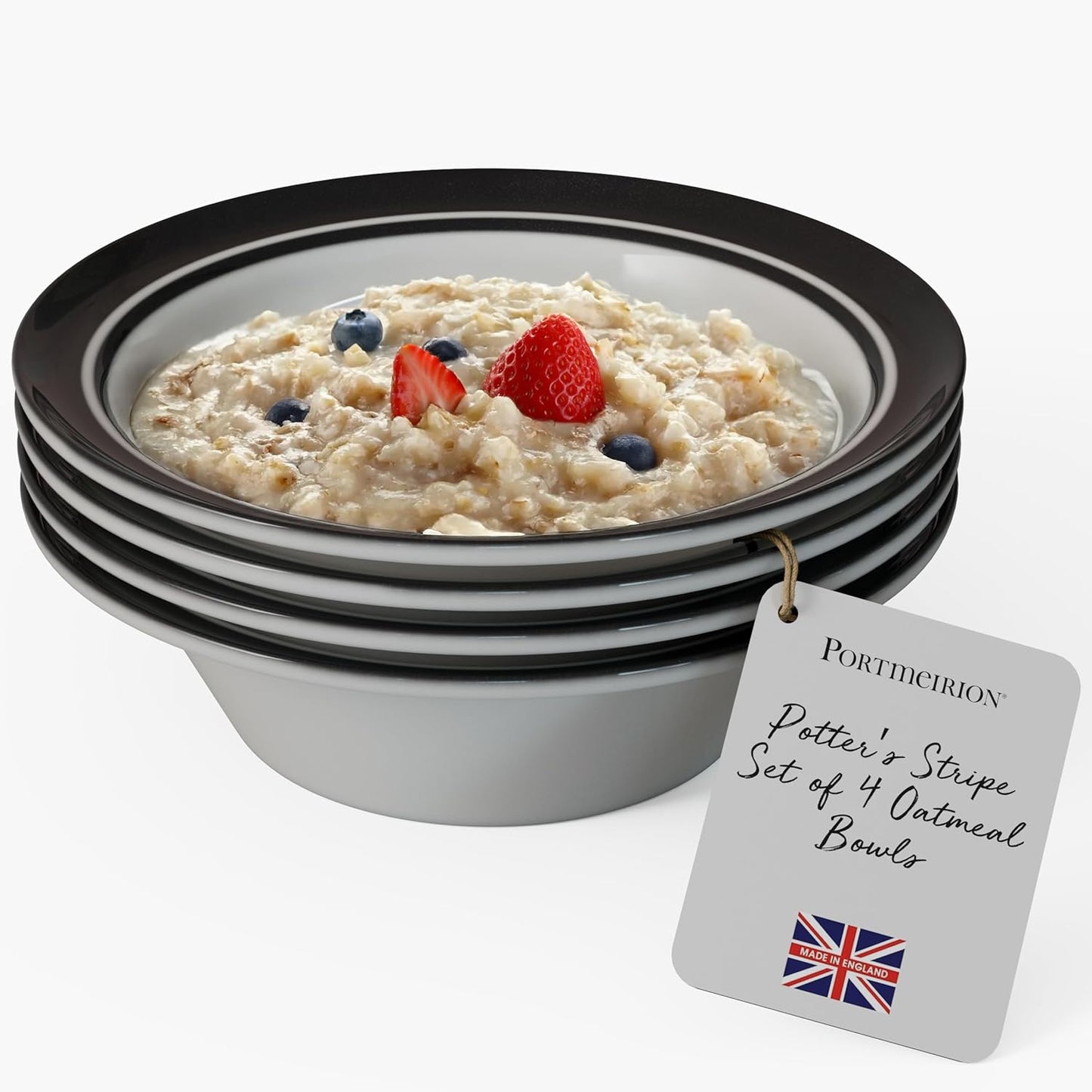 Portmeirion Potter's Stripe Oatmeal Bowls (Set of 4) - Elegant Earthenware for Breakfast, Lunch & Dessert - Microwave & Dishwasher Safe Bowls, Handcrafted Stackable Bowl Collection (Black Stripe)